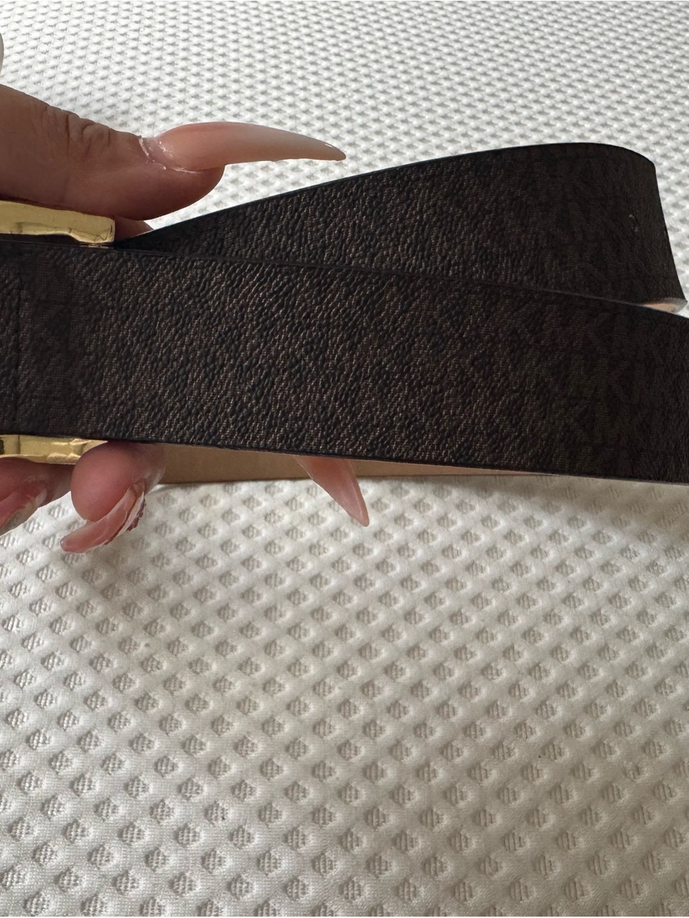 Michael Kors Brown Monogram Leather Logo Belt with Gold Buckle